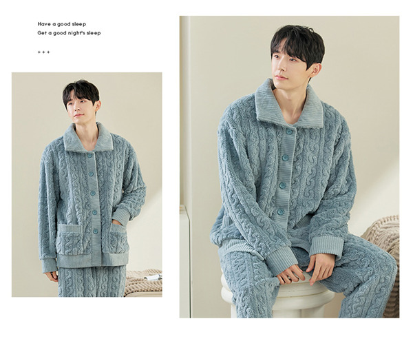 パジャマ メンズ 厚手 上下セット あったか ルームウェア 寝巻き 前開き 部屋着 冬 もこもこ セットアップ 秋 お揃い ふわふわ ケーブル柄 