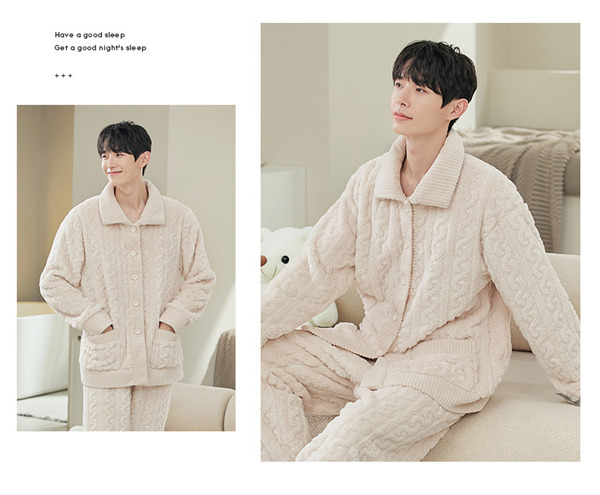 パジャマ メンズ 厚手 上下セット あったか ルームウェア 寝巻き 前開き 部屋着 冬 もこもこ セットアップ 秋 お揃い ふわふわ ケーブル柄 