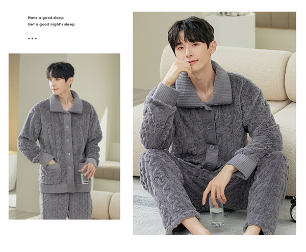 パジャマ メンズ 厚手 上下セット あったか ルームウェア 寝巻き 前開き 部屋着 冬 もこもこ セットアップ 秋 お揃い ふわふわ ケーブル柄 