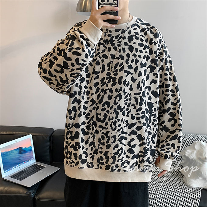 メンズ レディース クルーネック ヒョウ柄 トップス プルオーバー 秋 着痩せ 韓国ファッション 個性的 大人 大きいサイズ カジュアル 春 薄手 