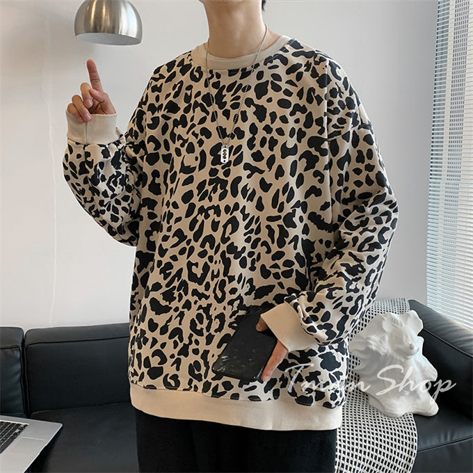 メンズ レディース クルーネック ヒョウ柄 トップス プルオーバー 秋 着痩せ 韓国ファッション 個性的 大人 大きいサイズ カジュアル 春 薄手 