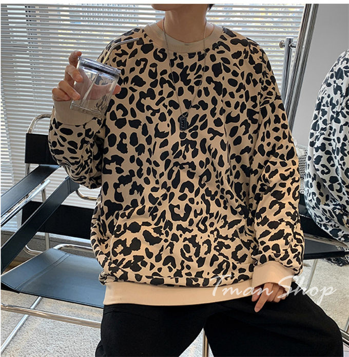 メンズ レディース クルーネック ヒョウ柄 トップス プルオーバー 秋 着痩せ 韓国ファッション 個性的 大人 大きいサイズ カジュアル 春 薄手 