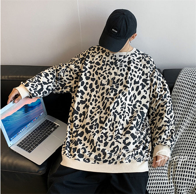 メンズ レディース クルーネック ヒョウ柄 トップス プルオーバー 秋 着痩せ 韓国ファッション 個性的 大人 大きいサイズ カジュアル 春 薄手 