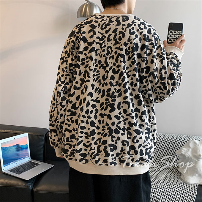 メンズ レディース クルーネック ヒョウ柄 トップス プルオーバー 秋 着痩せ 韓国ファッション 個性的 大人 大きいサイズ カジュアル 春 薄手 