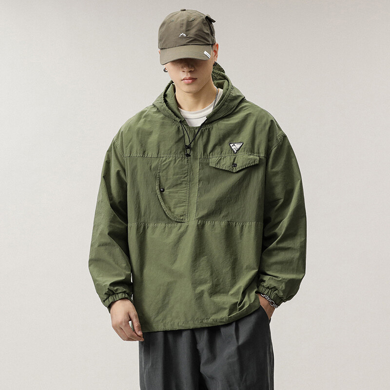 ミリタリージャケット メンズ ドロップショルダー アメカジ ストリート フード付き 男性 ジャケット プルオーバーかっこいい ゆったり 