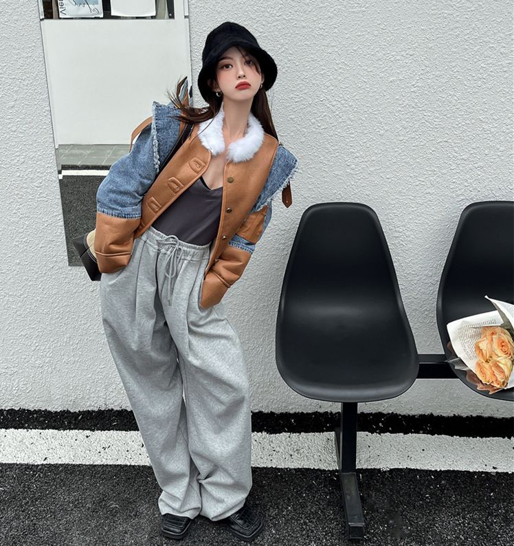 レザー 切替 デニム ショート丈 ジャケット ジージャン オルチャン 原宿系 レディース Y2K ストリート ダンス衣装 HIPHOP 韓国 