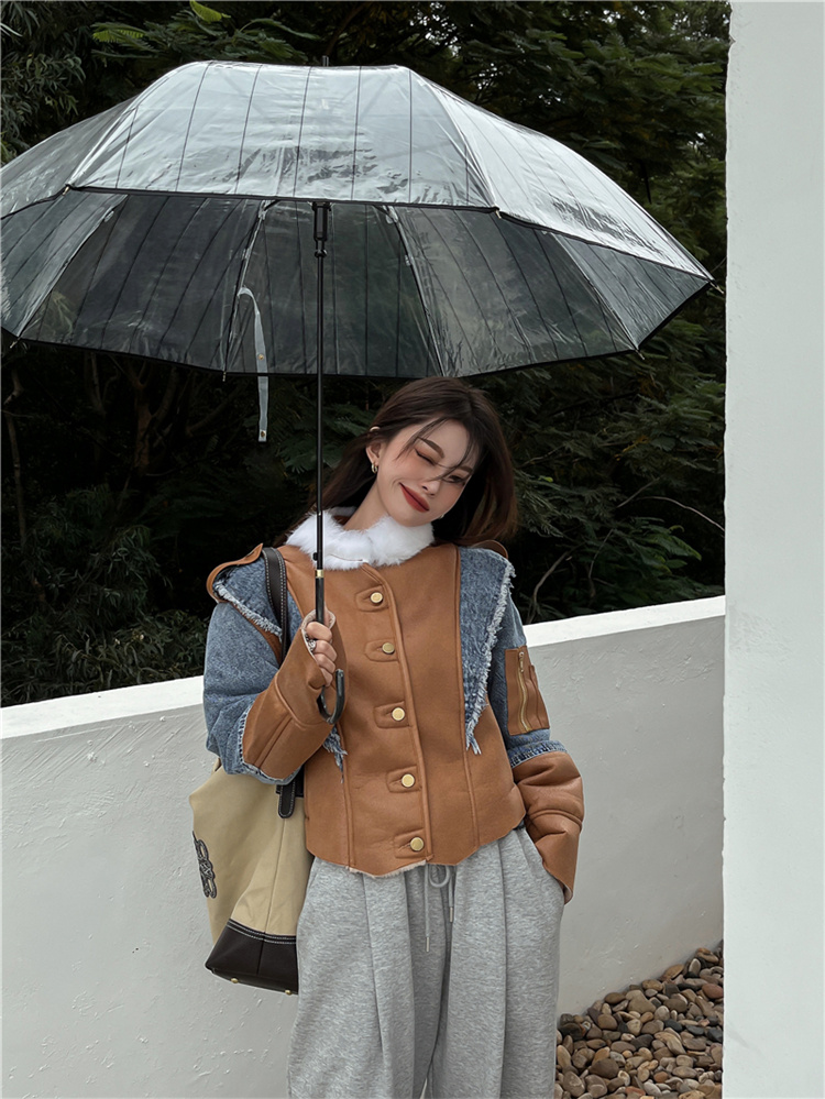 レザー 切替 デニム ショート丈 ジャケット ジージャン オルチャン 原宿系 レディース Y2K ストリート ダンス衣装 HIPHOP 韓国 