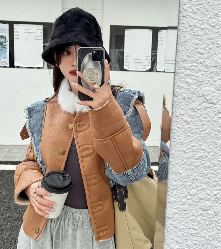 レザー 切替 デニム ショート丈 ジャケット ジージャン オルチャン 原宿系 レディース Y2K ストリート ダンス衣装 HIPHOP 韓国 