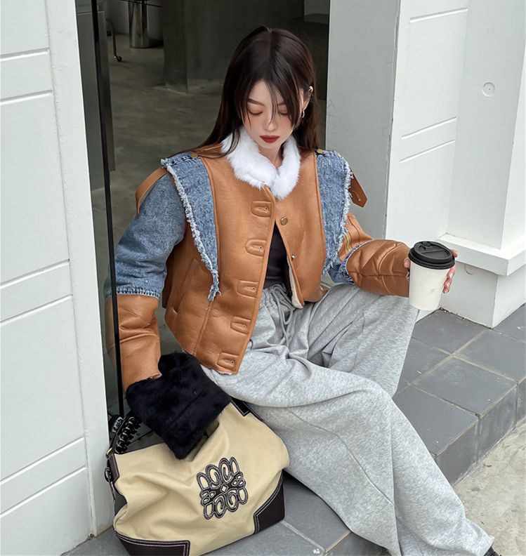 レザー 切替 デニム ショート丈 ジャケット ジージャン オルチャン 原宿系 レディース Y2K ストリート ダンス衣装 HIPHOP 韓国 