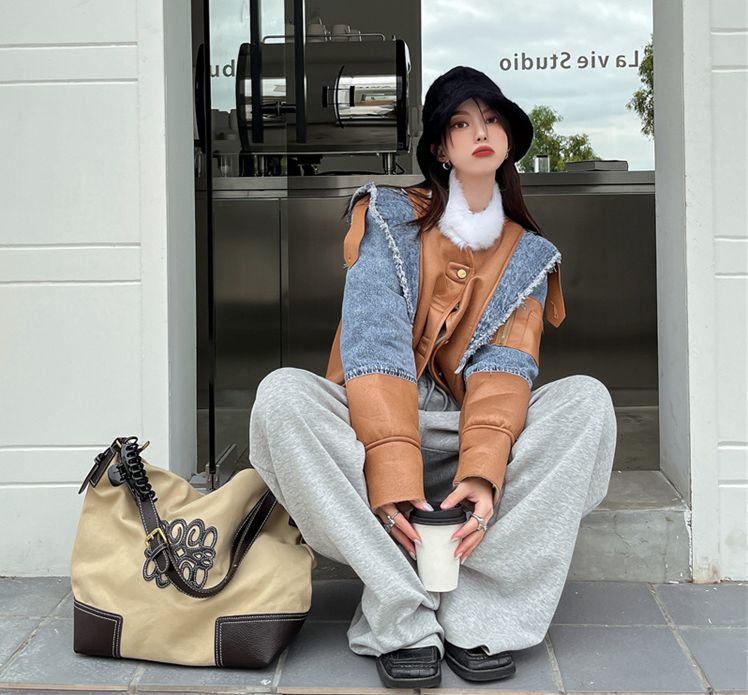 レザー 切替 デニム ショート丈 ジャケット ジージャン オルチャン 原宿系 レディース Y2K ストリート ダンス衣装 HIPHOP 韓国 