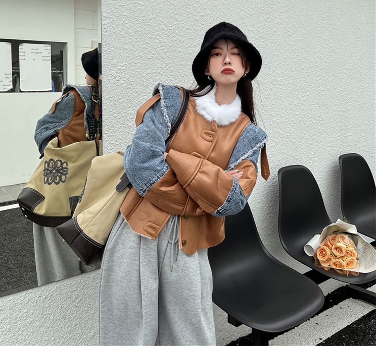 レザー 切替 デニム ショート丈 ジャケット ジージャン オルチャン 原宿系 レディース Y2K ストリート ダンス衣装 HIPHOP 韓国 