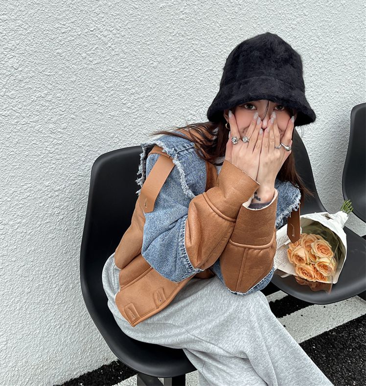 レザー 切替 デニム ショート丈 ジャケット ジージャン オルチャン 原宿系 レディース Y2K ストリート ダンス衣装 HIPHOP 韓国 