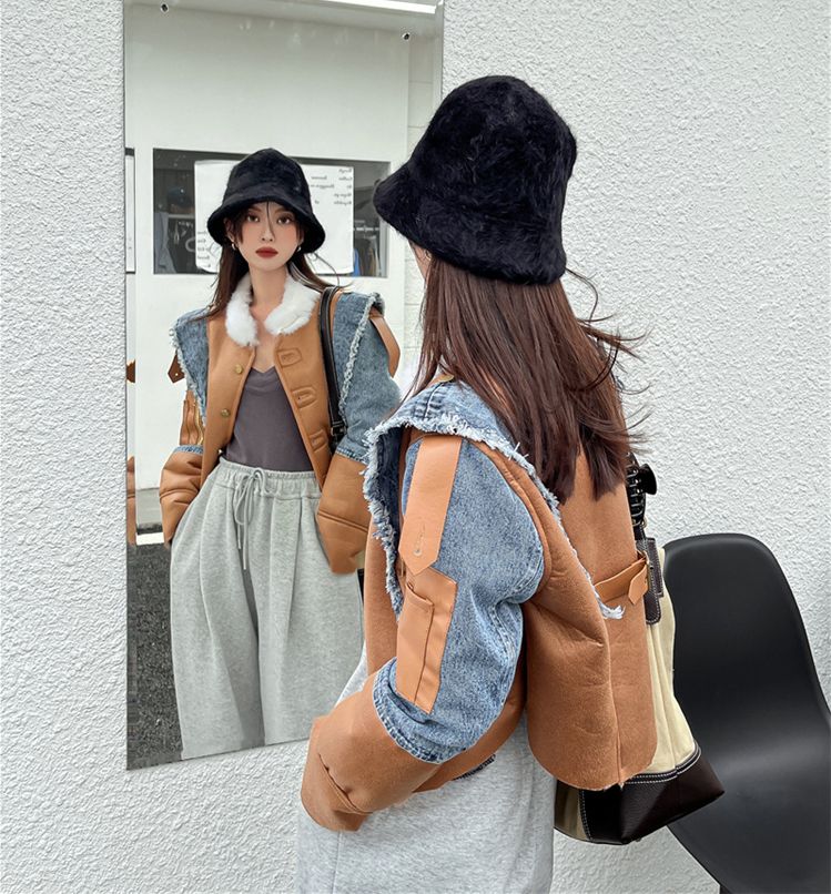 レザー 切替 デニム ショート丈 ジャケット ジージャン オルチャン 原宿系 レディース Y2K ストリート ダンス衣装 HIPHOP 韓国 