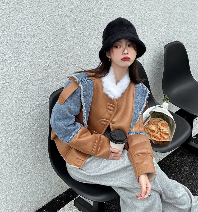 レザー 切替 デニム ショート丈 ジャケット ジージャン オルチャン 原宿系 レディース Y2K ストリート ダンス衣装 HIPHOP 韓国 