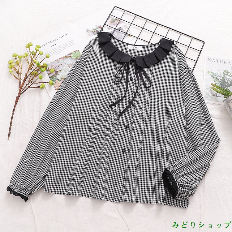 シャツ ブラウス チェック フリル 長袖 森ガール レディース 