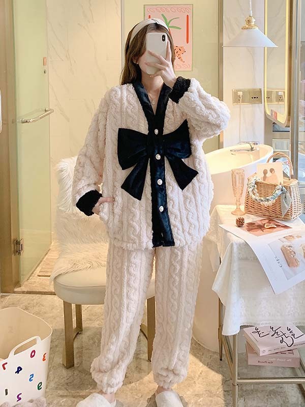 もこもこパジャマ レディース ビッグリボン 冬 かわいい 長袖 プレゼント 上下セット 可愛い 結婚祝い 韓国 部屋着 おうち時間 ルームウェア 