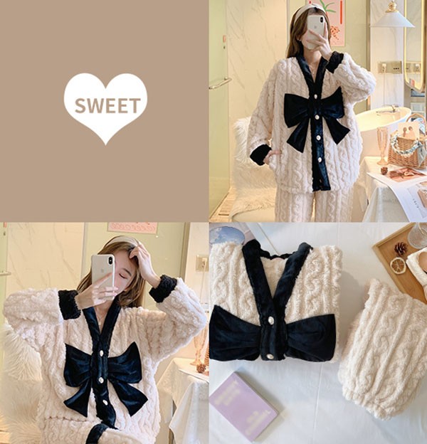 もこもこパジャマ レディース ビッグリボン 冬 かわいい 長袖 プレゼント 上下セット 可愛い 結婚祝い 韓国 部屋着 おうち時間 ルームウェア 