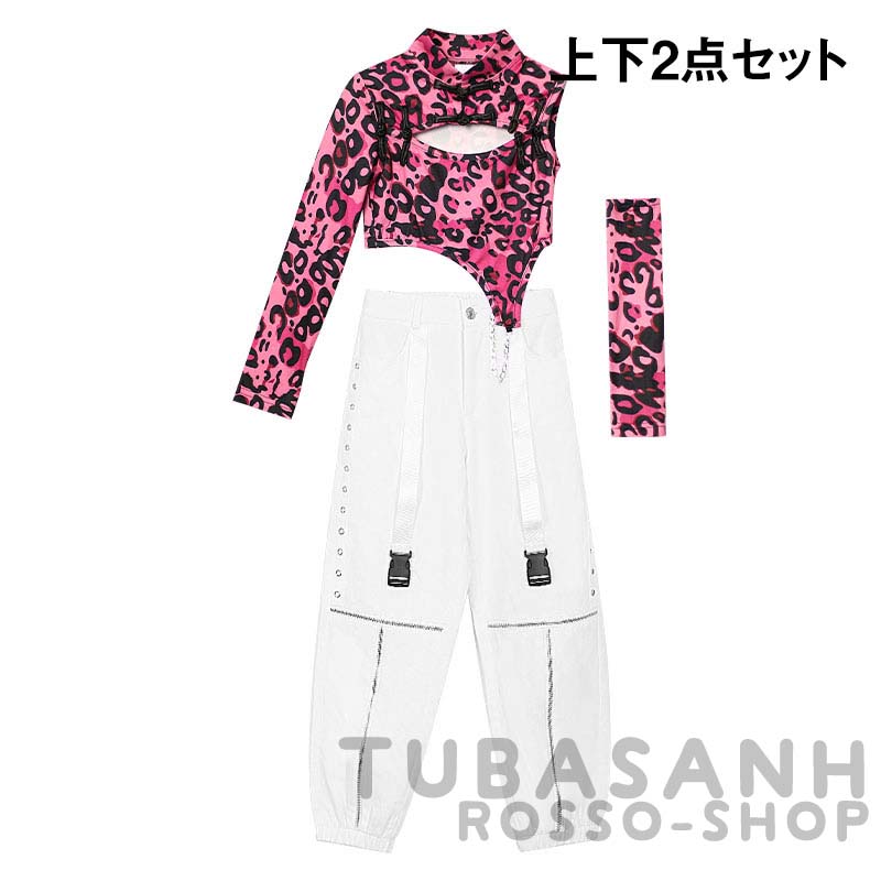 ダンス衣装 キッズ ヒップホップ ガール 白 ピンク 練習着 ジャズ へそ出し 演奏会 応援団 豹柄 ショーツ 韓国 HIPHOP 