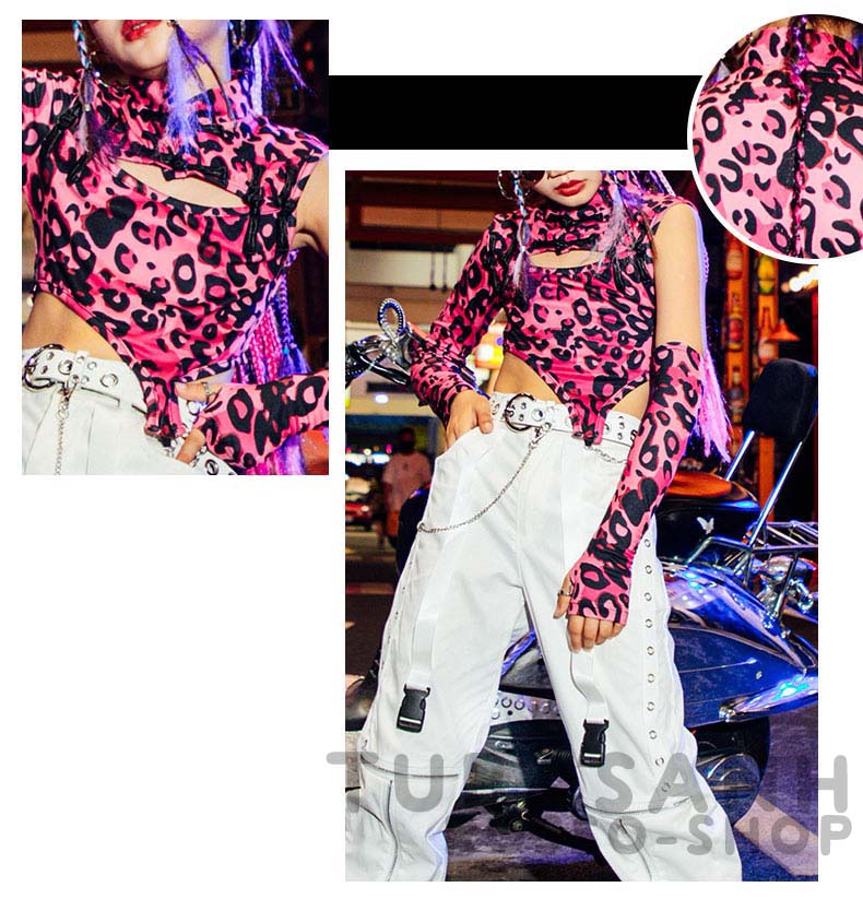 ダンス衣装 キッズ ヒップホップ ガール 白 ピンク 練習着 ジャズ へそ出し 演奏会 応援団 豹柄 ショーツ 韓国 HIPHOP 