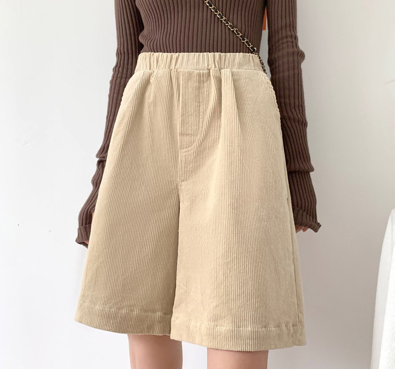 ワイドパンツ レディース パンツ コーデュロイ ハーフパンツ ゆったり ウエストゴム 履きやすい ワイド ガウチョパンツ 上品 暖かい 秋冬 