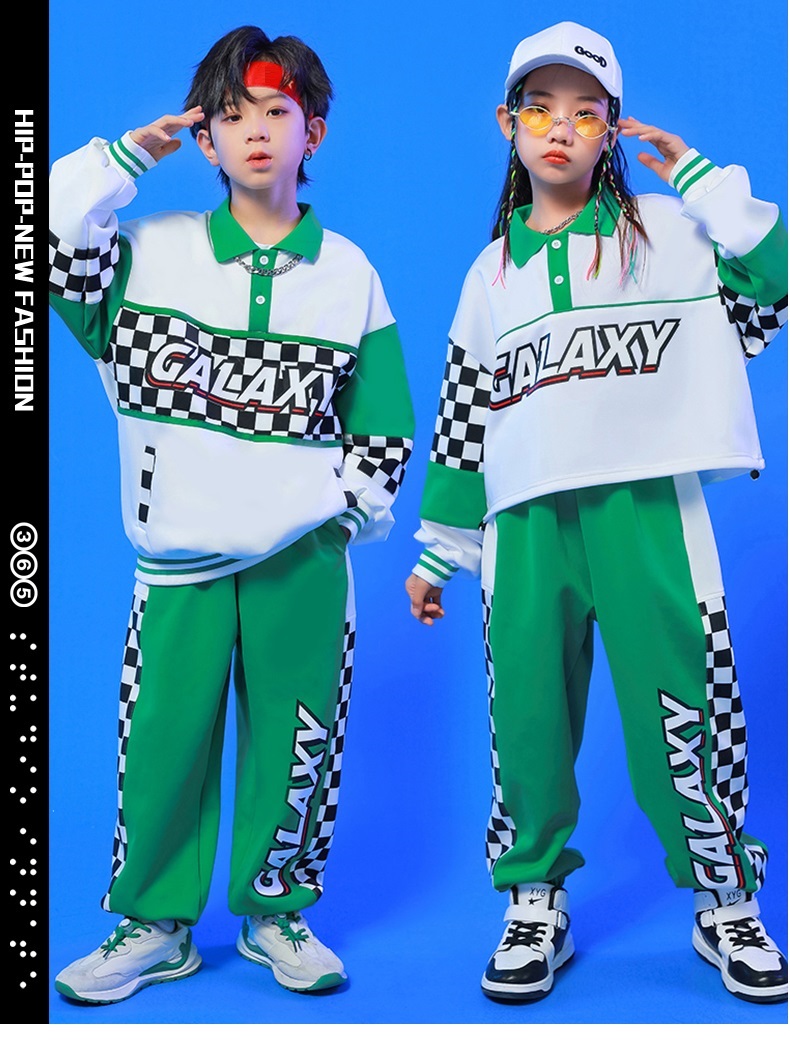 キッズダンス衣装 セットアップ へそ出し トップス パンツ スカート ガールズ ヒップホップ K-POP 韓国 フラッグチェック 派手 緑 白 