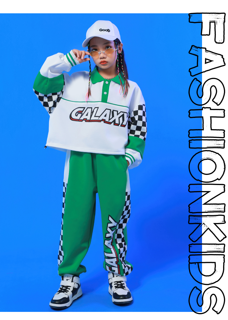 キッズダンス衣装 セットアップ へそ出し トップス パンツ スカート ガールズ ヒップホップ K-POP 韓国 フラッグチェック 派手 緑 白 