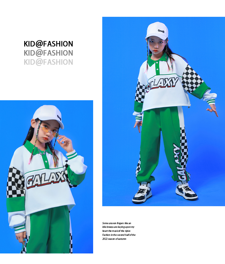 キッズダンス衣装 セットアップ へそ出し トップス パンツ スカート ガールズ ヒップホップ K-POP 韓国 フラッグチェック 派手 緑 白 