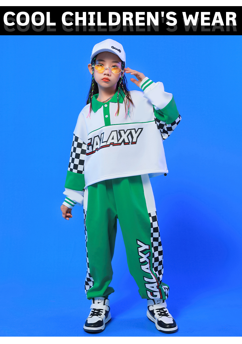 キッズダンス衣装 セットアップ へそ出し トップス パンツ スカート ガールズ ヒップホップ K-POP 韓国 フラッグチェック 派手 緑 白 