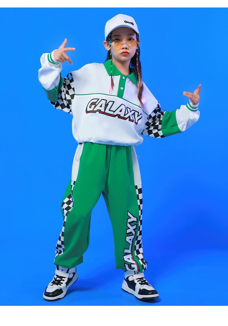 キッズダンス衣装 セットアップ へそ出し トップス パンツ スカート ガールズ ヒップホップ K-POP 韓国 フラッグチェック 派手 緑 白 