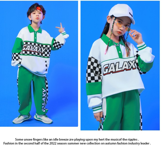 キッズダンス衣装 セットアップ へそ出し トップス パンツ スカート ガールズ ヒップホップ K-POP 韓国 フラッグチェック 派手 緑 白 