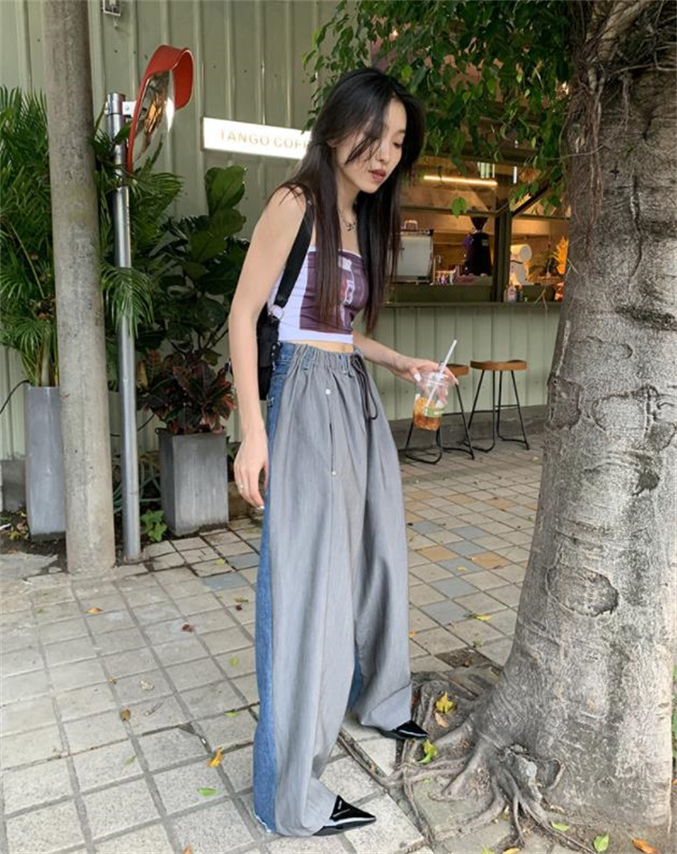 デニム 切替 バイワイドパンツ 韓国 ストリート HIPHOP ダンス レディース 原宿系 衣装 K-POP 