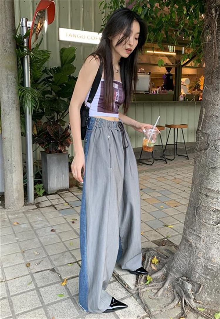 デニム 切替 バイワイドパンツ 韓国 ストリート HIPHOP ダンス レディース 原宿系 衣装 K-POP 