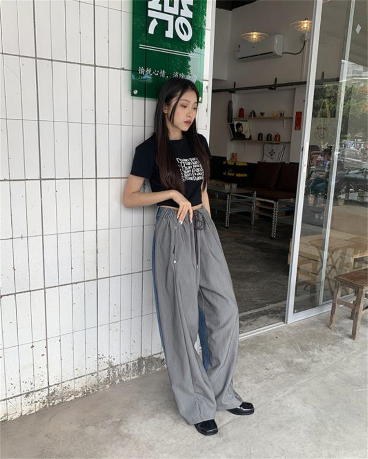 デニム 切替 バイワイドパンツ 韓国 ストリート HIPHOP ダンス レディース 原宿系 衣装 K-POP 