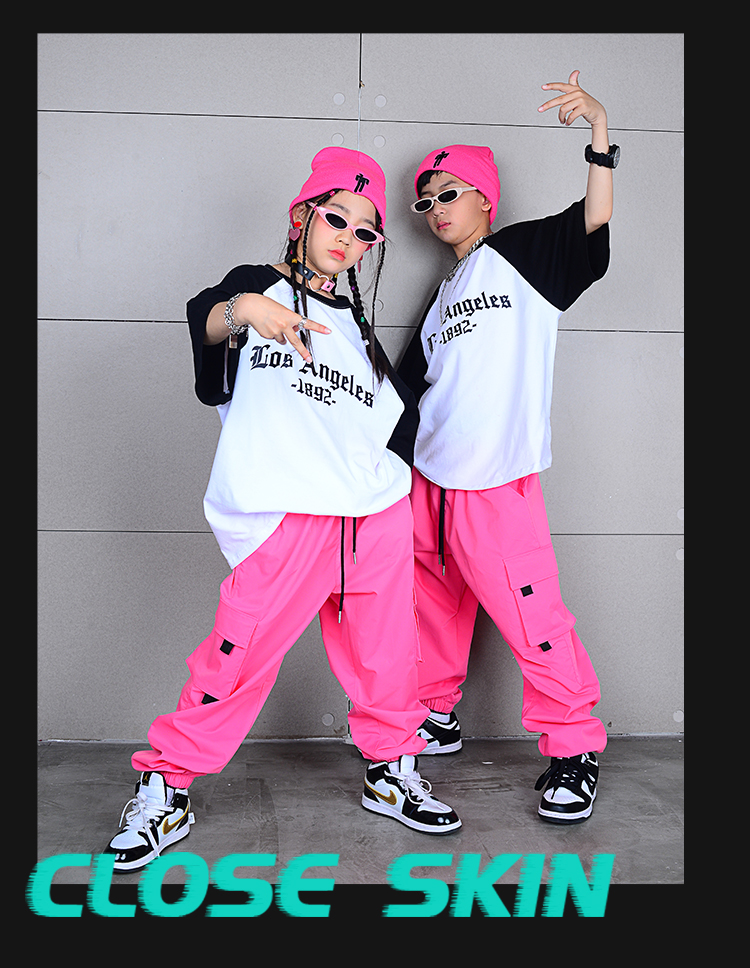 ヒップホップ ダンス衣装 キッズ セットアップ ダンスファッション 派手 男の子 ピンク Tシャツ K-POP 白 韓国 ガールズ パンツ 