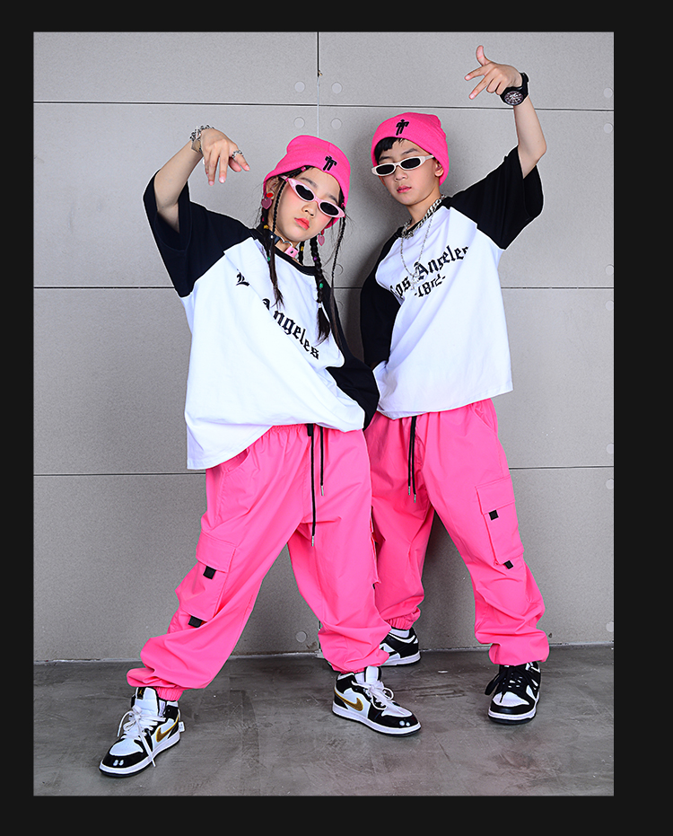 ヒップホップ ダンス衣装 キッズ セットアップ ダンスファッション 派手 男の子 ピンク Tシャツ K-POP 白 韓国 ガールズ パンツ 