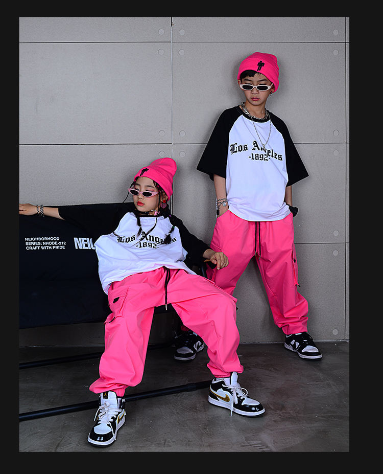 ヒップホップ ダンス衣装 キッズ セットアップ ダンスファッション 派手 男の子 ピンク Tシャツ K-POP 白 韓国 ガールズ パンツ 