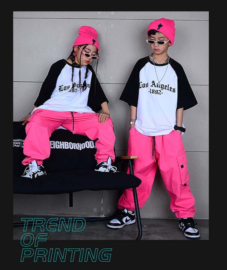 ヒップホップ ダンス衣装 キッズ セットアップ ダンスファッション 派手 男の子 ピンク Tシャツ K-POP 白 韓国 ガールズ パンツ 