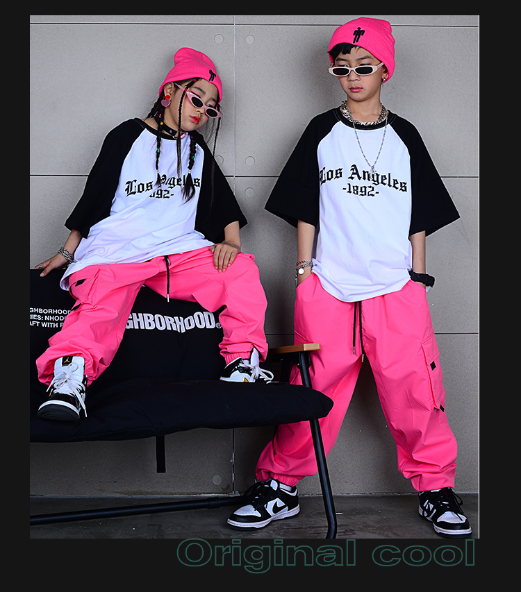 ヒップホップ ダンス衣装 キッズ セットアップ ダンスファッション 派手 男の子 ピンク Tシャツ K-POP 白 韓国 ガールズ パンツ 