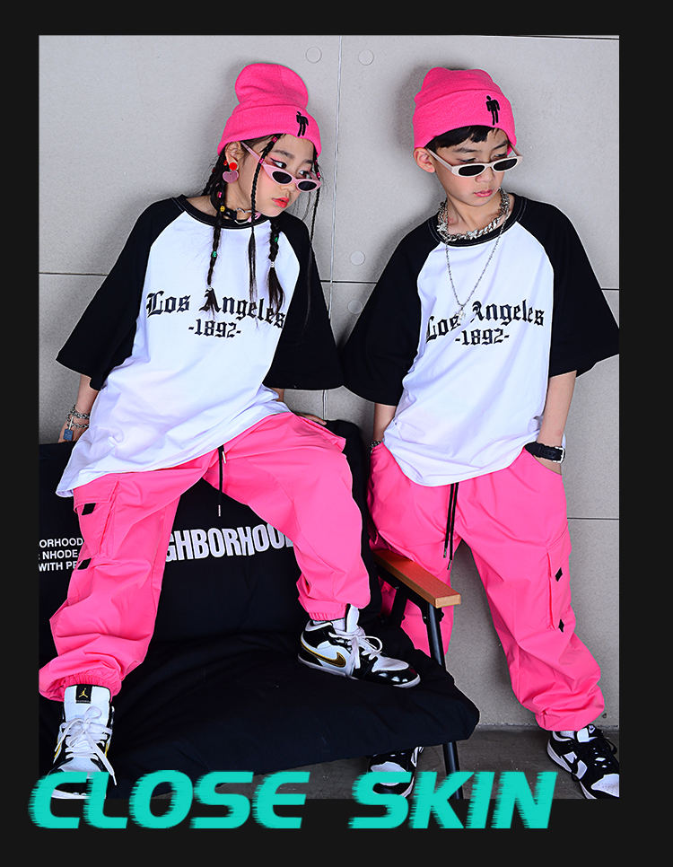 ヒップホップ ダンス衣装 キッズ セットアップ ダンスファッション 派手 男の子 ピンク Tシャツ K-POP 白 韓国 ガールズ パンツ 