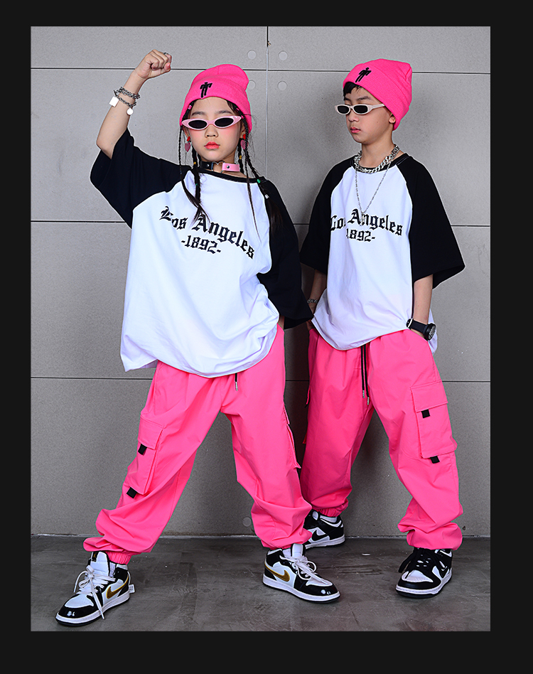 ヒップホップ ダンス衣装 キッズ セットアップ ダンスファッション 派手 男の子 ピンク Tシャツ K-POP 白 韓国 ガールズ パンツ 
