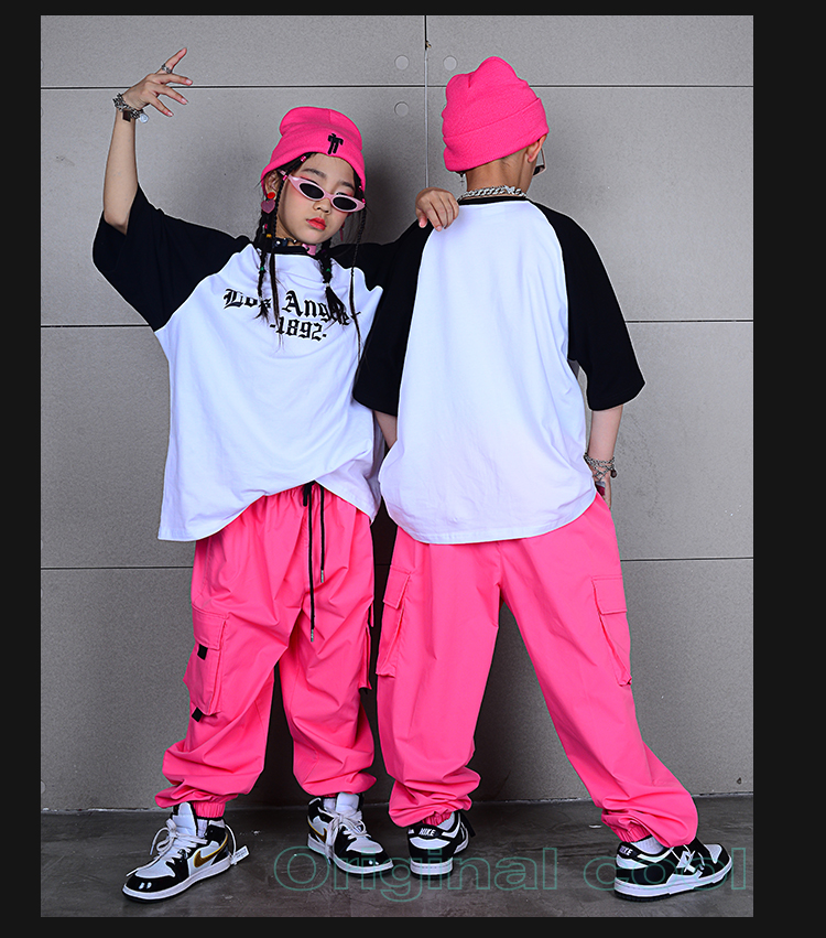 ヒップホップ ダンス衣装 キッズ セットアップ ダンスファッション 派手 男の子 ピンク Tシャツ K-POP 白 韓国 ガールズ パンツ 