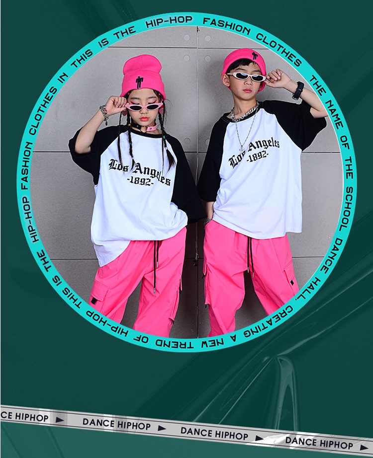 ヒップホップ ダンス衣装 キッズ セットアップ ダンスファッション 派手 男の子 ピンク Tシャツ K-POP 白 韓国 ガールズ パンツ 