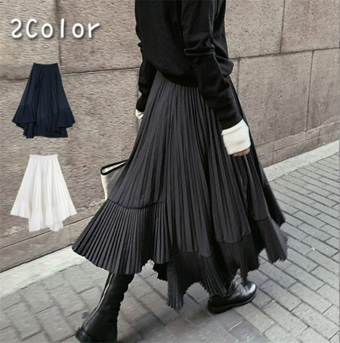 スカート ロングスカート レディース 秋 冬 イレギュラー 可愛い 大人 ゆれゆれ ロングスカート プリーツ レディーススカート ウエストゴム フレアスカート 