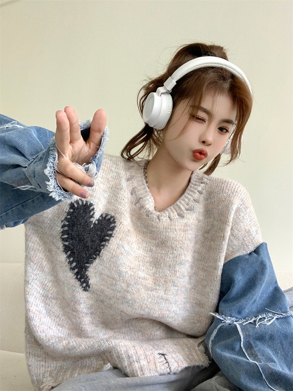 デニム 切替 ハート柄 ステッチ ダメージ セーター K-POP オルチャン ストリート HIPHOP ダンス ニット 原宿系 衣装 Y2K 韓国 レディース 