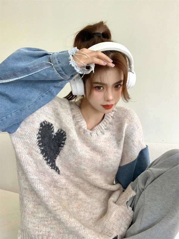 デニム 切替 ハート柄 ステッチ ダメージ セーター K-POP オルチャン ストリート HIPHOP ダンス ニット 原宿系 衣装 Y2K 韓国 レディース 