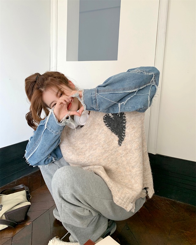 デニム 切替 ハート柄 ステッチ ダメージ セーター K-POP オルチャン ストリート HIPHOP ダンス ニット 原宿系 衣装 Y2K 韓国 レディース 