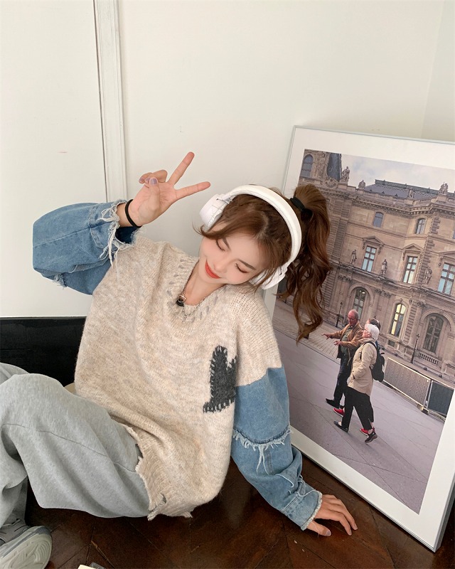 デニム 切替 ハート柄 ステッチ ダメージ セーター K-POP オルチャン ストリート HIPHOP ダンス ニット 原宿系 衣装 Y2K 韓国 レディース 