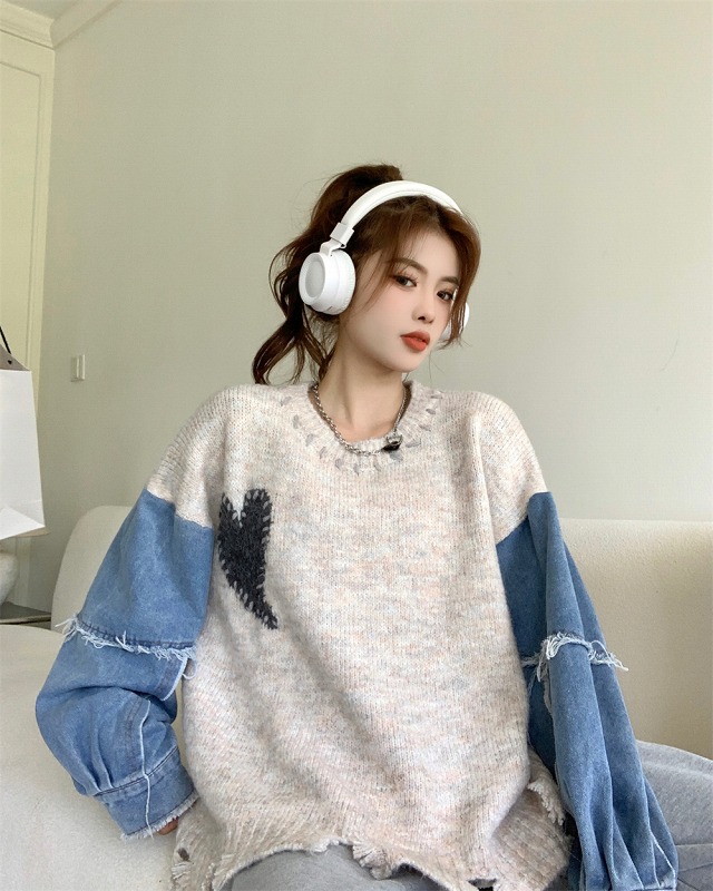 デニム 切替 ハート柄 ステッチ ダメージ セーター K-POP オルチャン ストリート HIPHOP ダンス ニット 原宿系 衣装 Y2K 韓国 レディース 