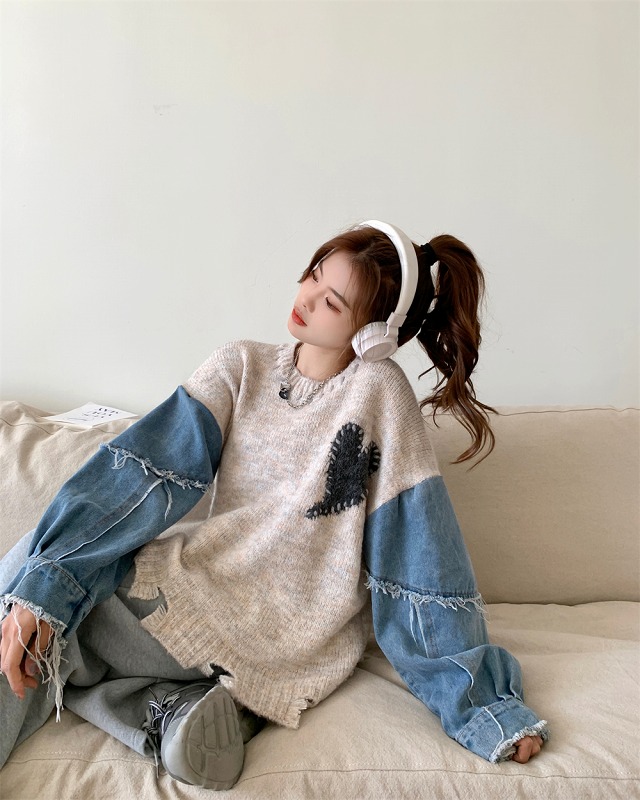 デニム 切替 ハート柄 ステッチ ダメージ セーター K-POP オルチャン ストリート HIPHOP ダンス ニット 原宿系 衣装 Y2K 韓国 レディース 