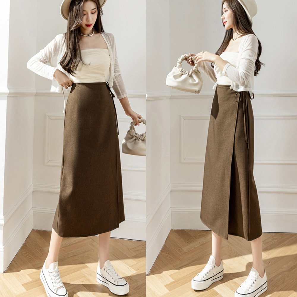 ラップロングスカートスリット巻きスカート 。可  